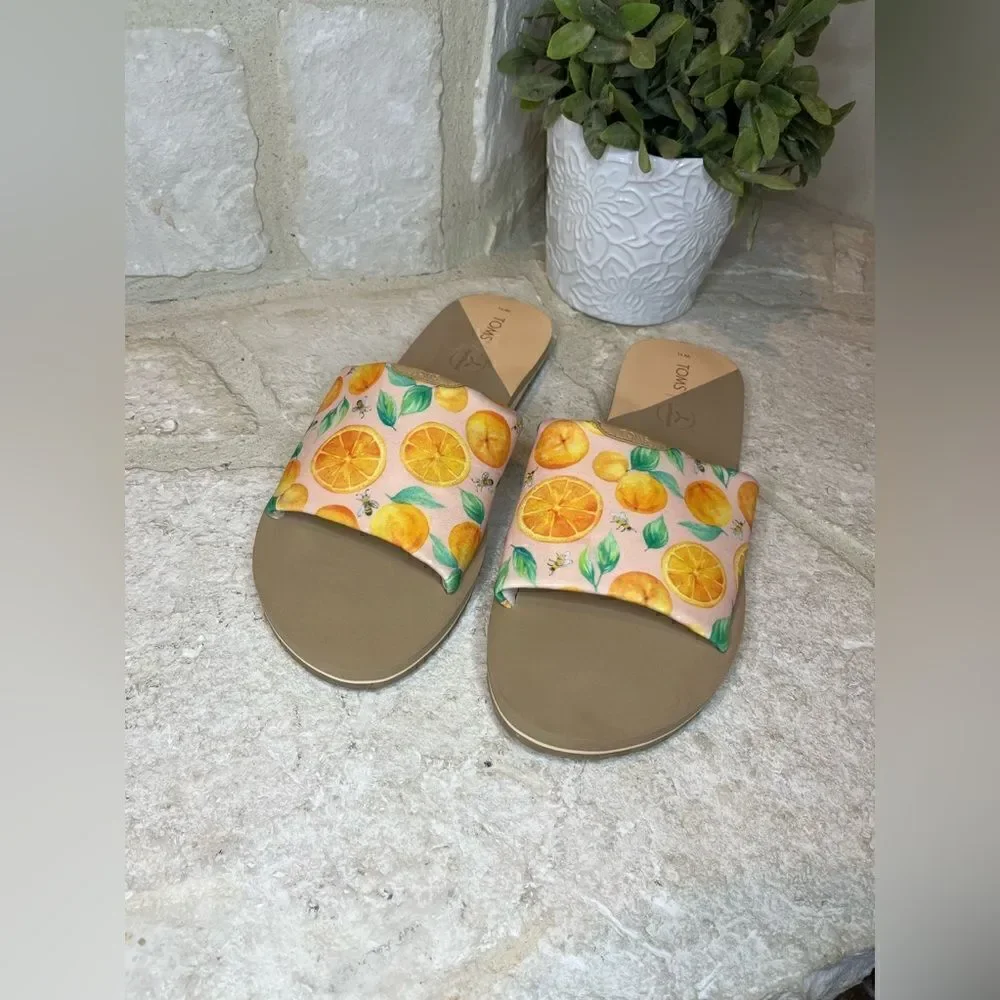 TOMS Carly Pale Pink Fabric Sunkissed Oranges Slip On Slides Sandals sz 11